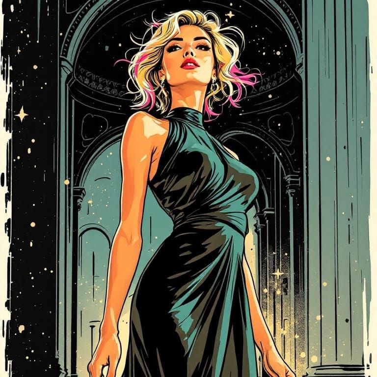 Pin-Up Woman with Pink-Tipped Hair in Elegant Distortion