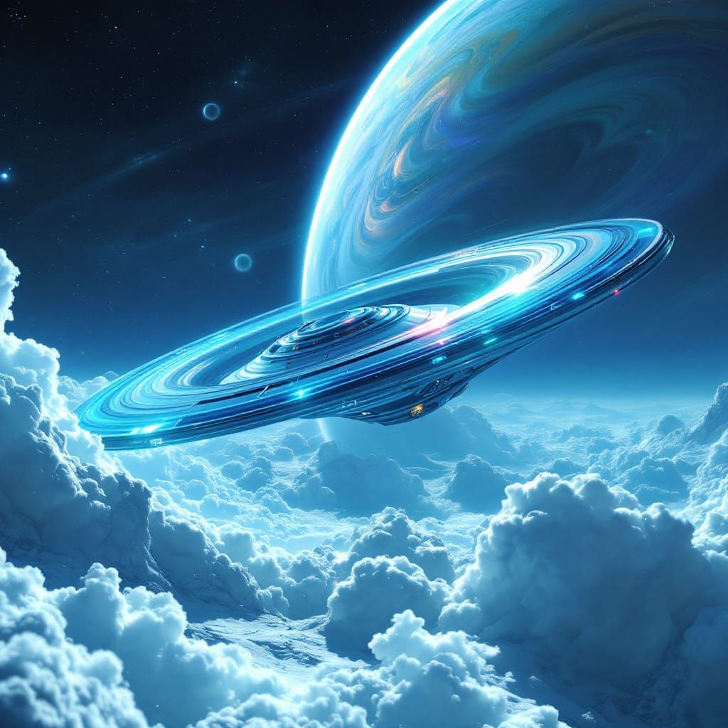 Starship Over Uranus in Digital Art Style