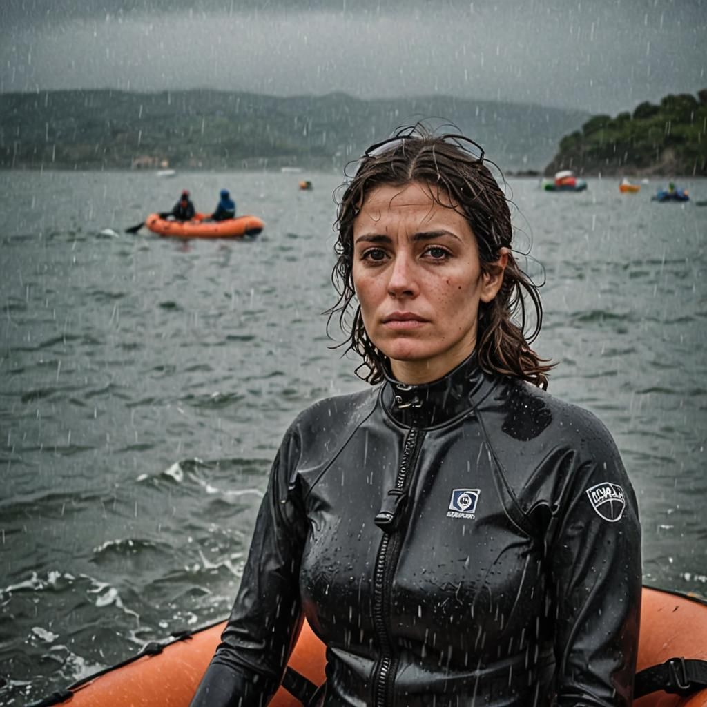 Woman Adrift at Sea in Heavy Rainfall
