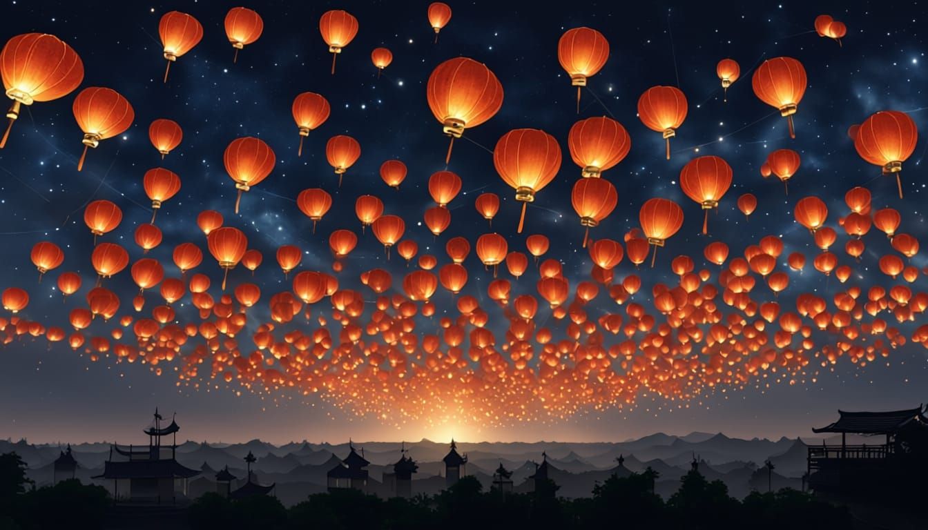 Futuristic Chinese Lanterns in Starry Night Sky