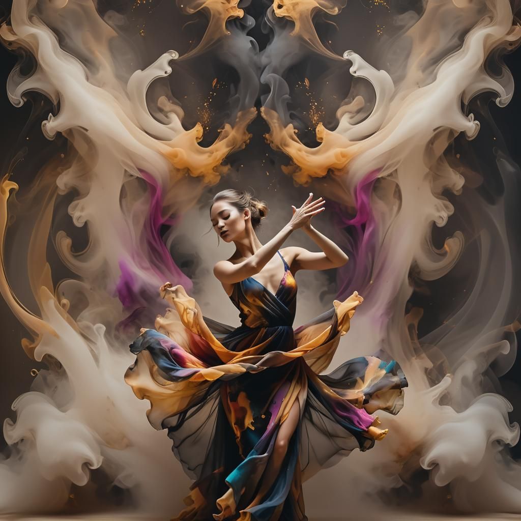 Elegant Dancer in Smoke: Ink Splatter Art