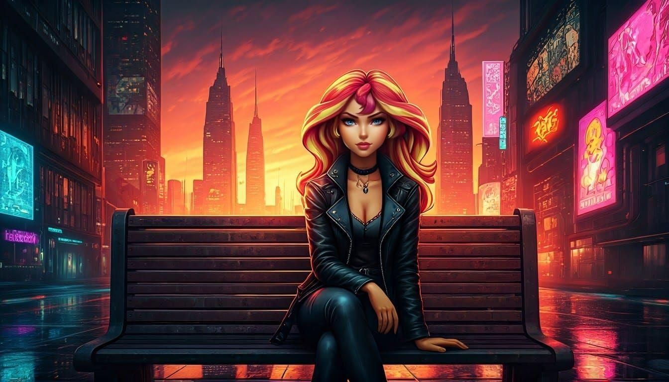 Cyberpunk Woman in Leather Jacket on Bench