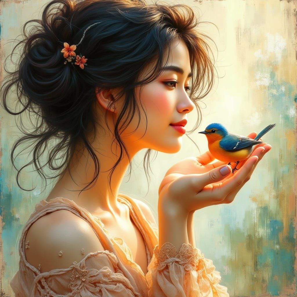 <lora:Beautiful women:0.5> beautiful stunning Asian woman 2/3 side profile wispy hair in a messy bun with her hands out,...