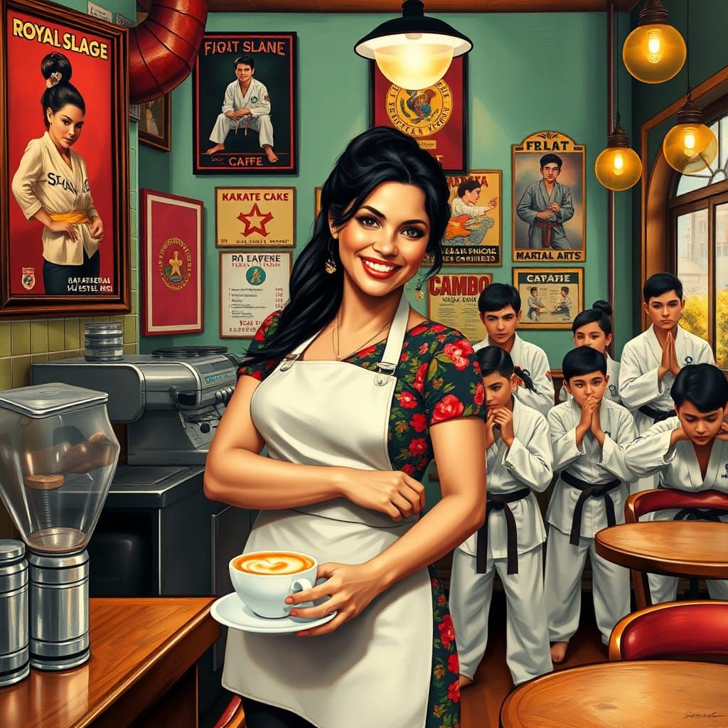 Selena Quintanilla 1958 as a college cafe owner in Royal Slade Cafe with a martial arts gym an dojo with students nearby