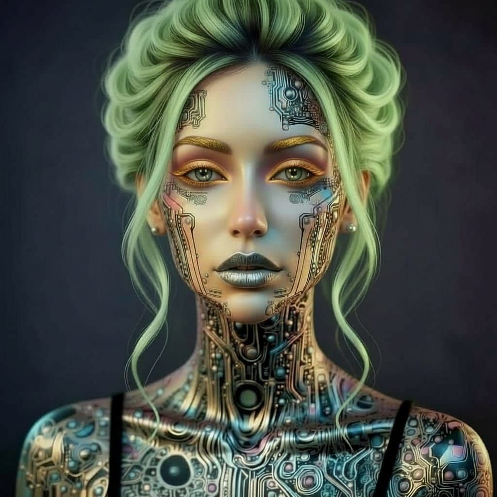 Iridescent Woman With Circuit Tattoos