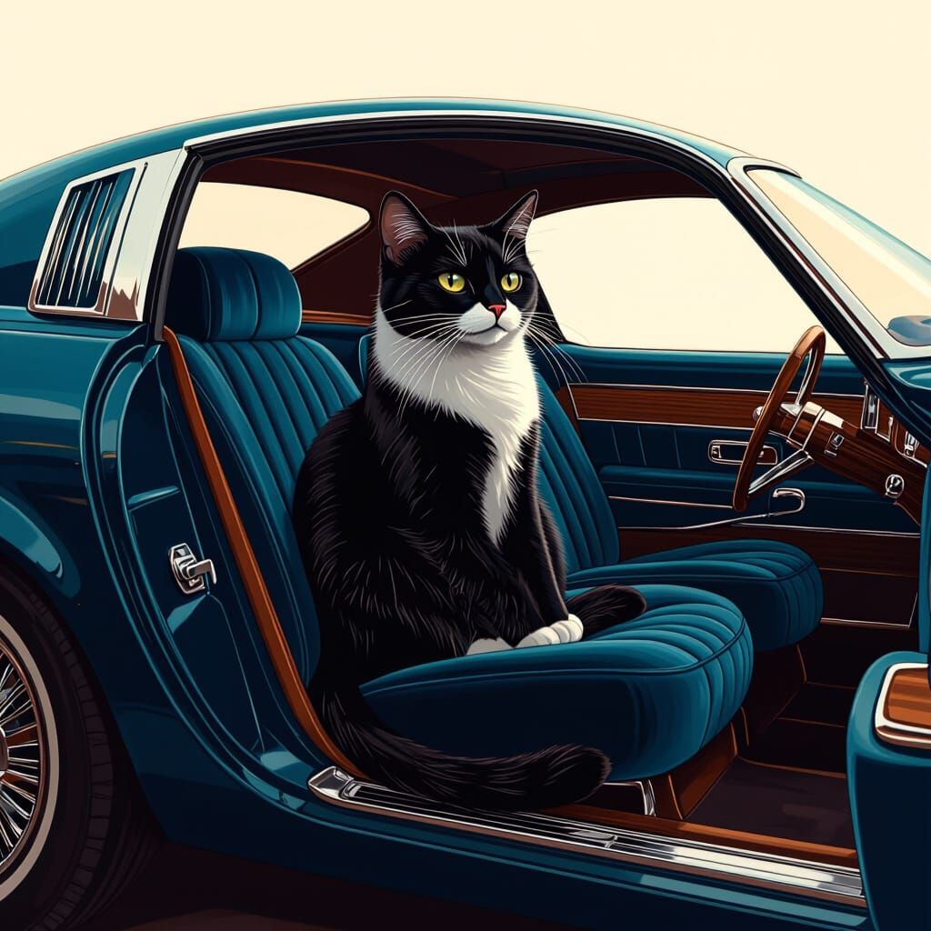 Whimsical Cat in Luxurious Coupe, Digital Art