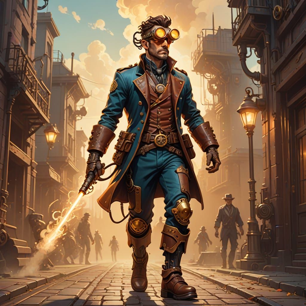 Fantasy Steampunk Adventurer Walks with Steam-Powered Leg in...