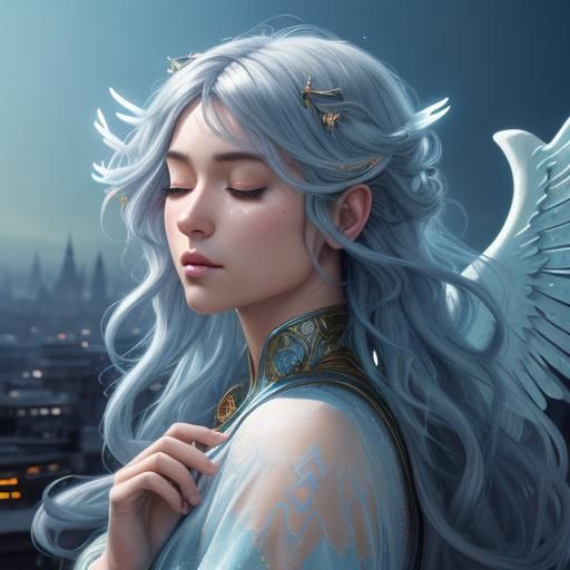 Alien Angel Girl in Manga Style Cityscape