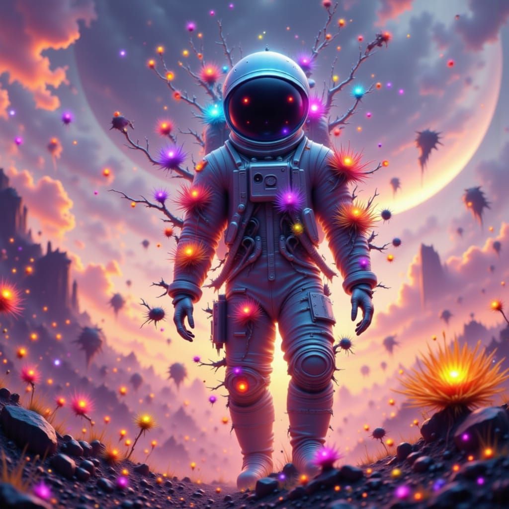 Astronaut and Aliens on Alien Planet, Digital Art