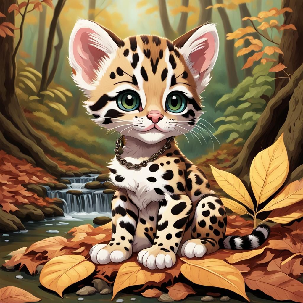 Cute Chibi Ocelot Kitten in Autumn Forest, Airbrush Style