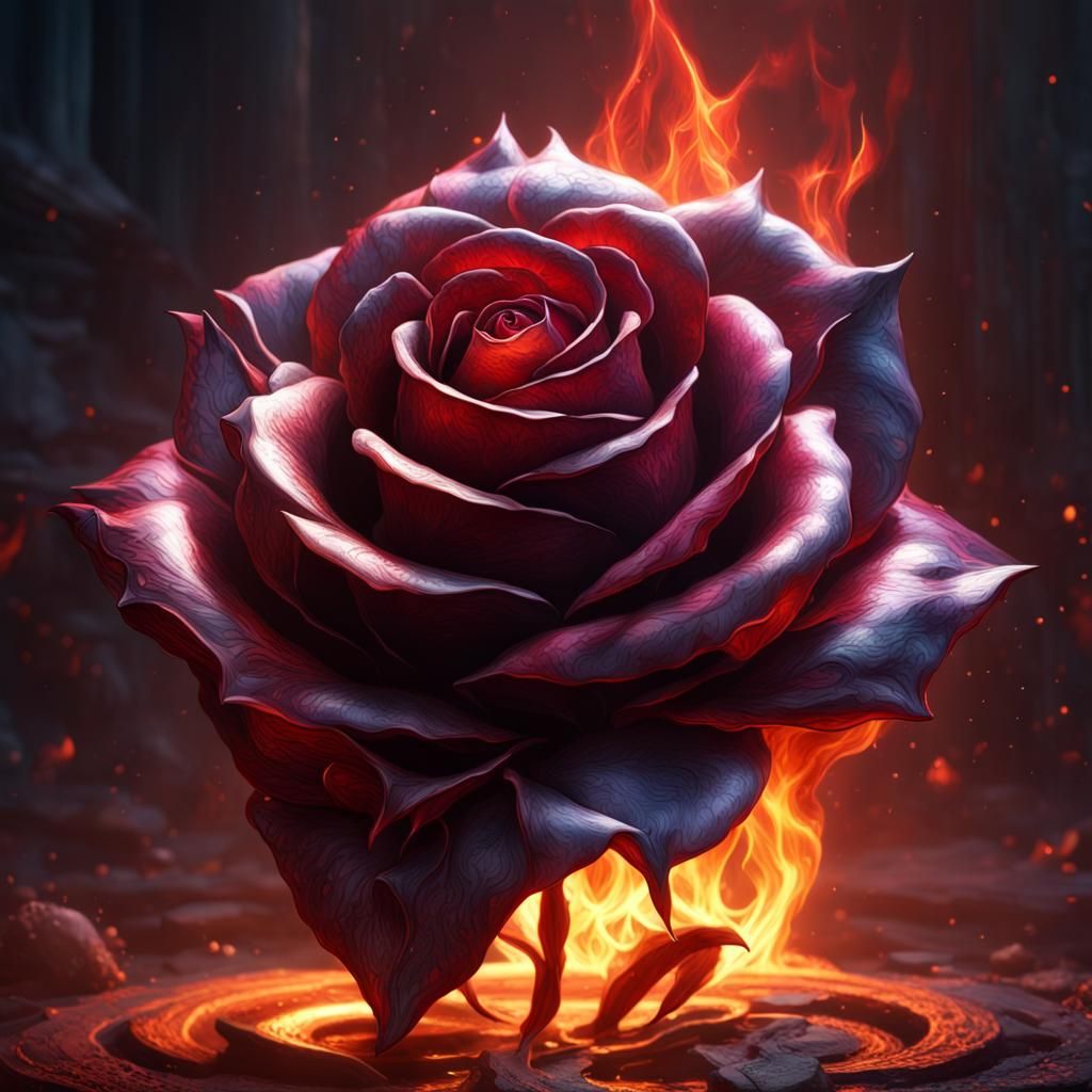 a red metal rose that has fire erupting from it.