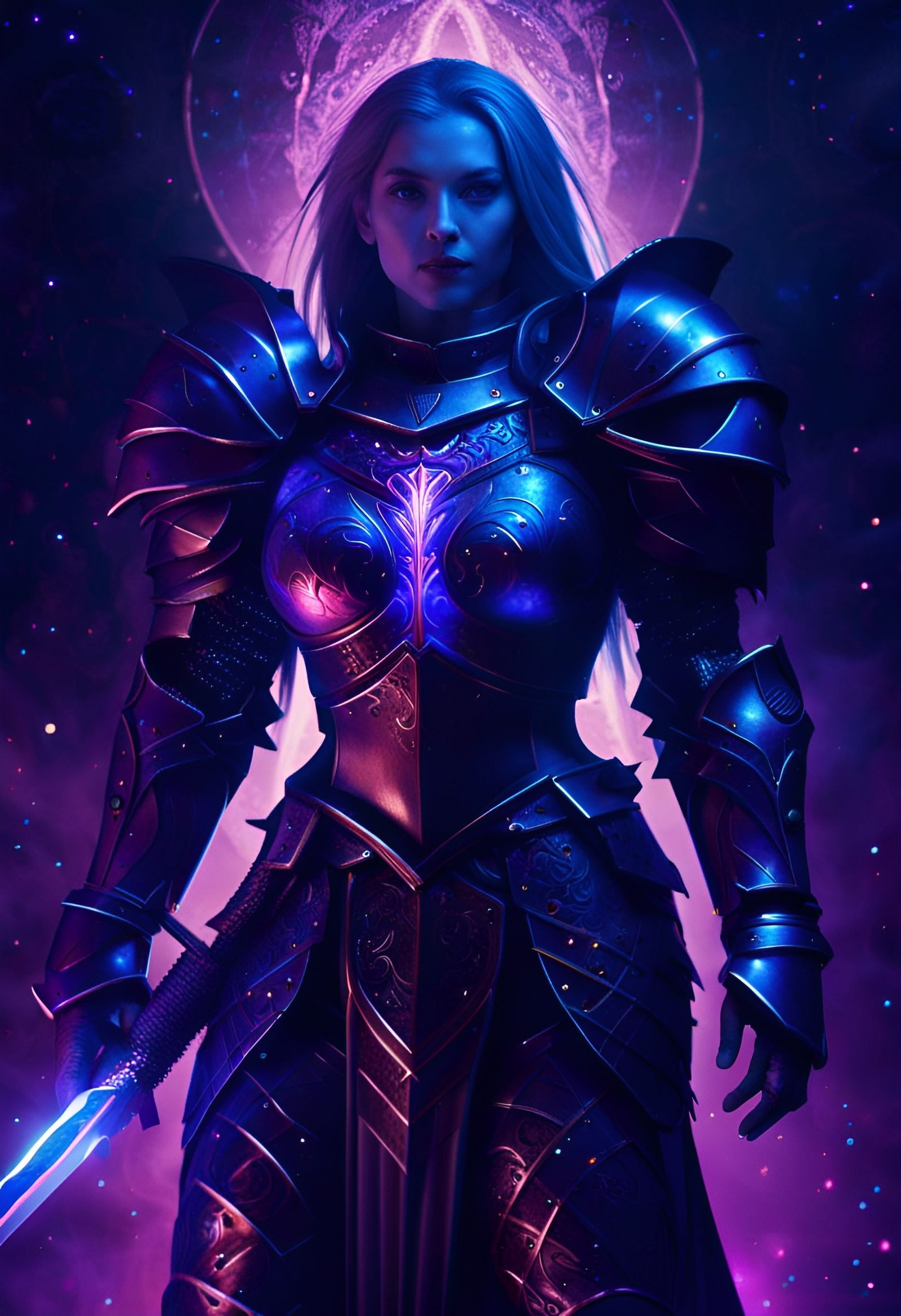 Woman Knight in Gothic Armor with Cosmic Aura