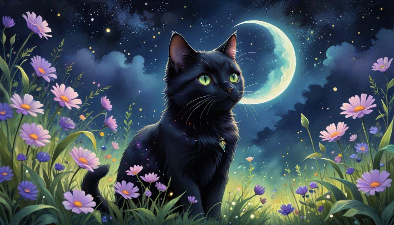 Whimsical Black Cat in Dreamy Watercolor Nighttime Scene