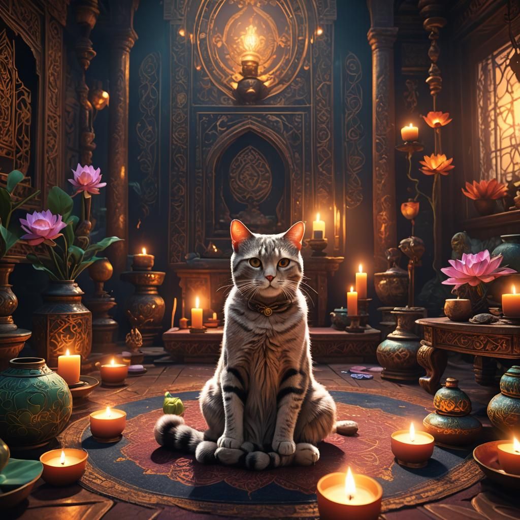 Meditating Cat in Lotus Position: Fantasy Concept Art