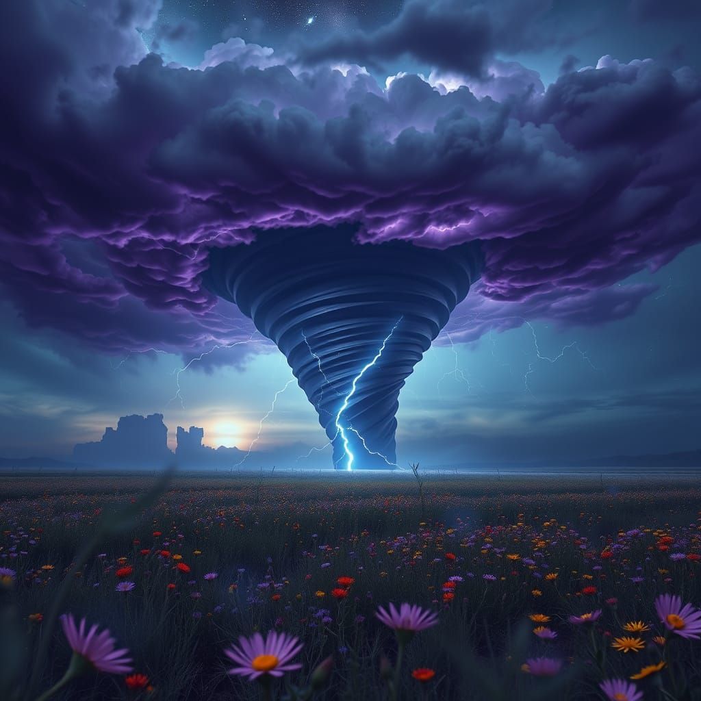 Colossal Twister in Wildflower Field at Night