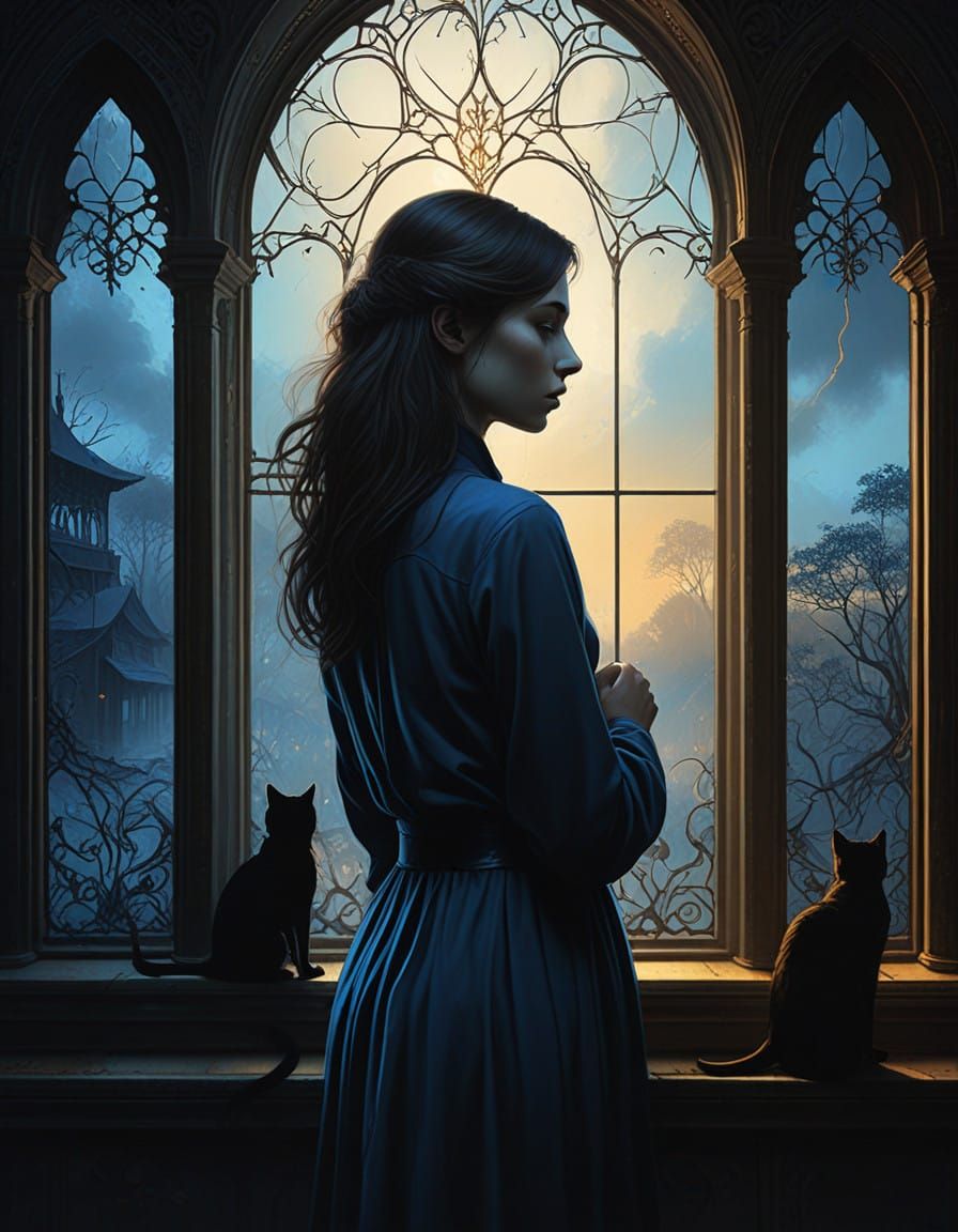 Woman by Window, Embracing Dark Feline Companion