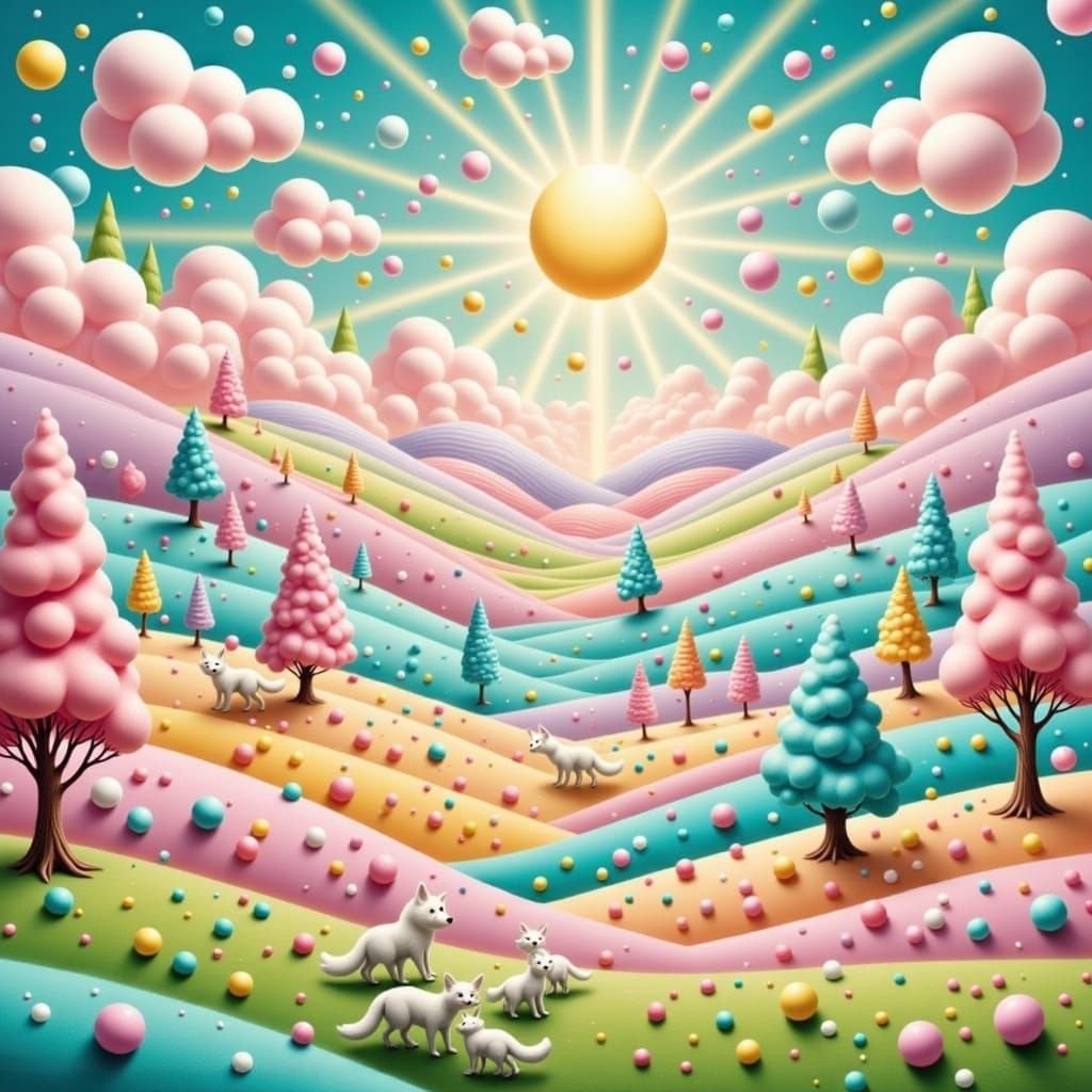 Pastel Fantasy Landscape with Arctic Foxes