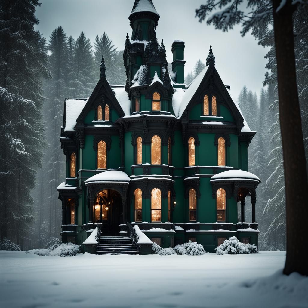Gothic Victorian Mansion in Snowy Forest: Professional Photo...