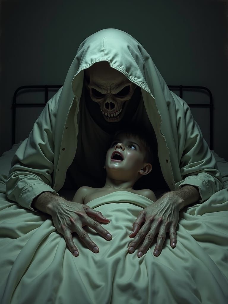 Terrifying Hag Monster Under Bed in Dark Fantasy Art