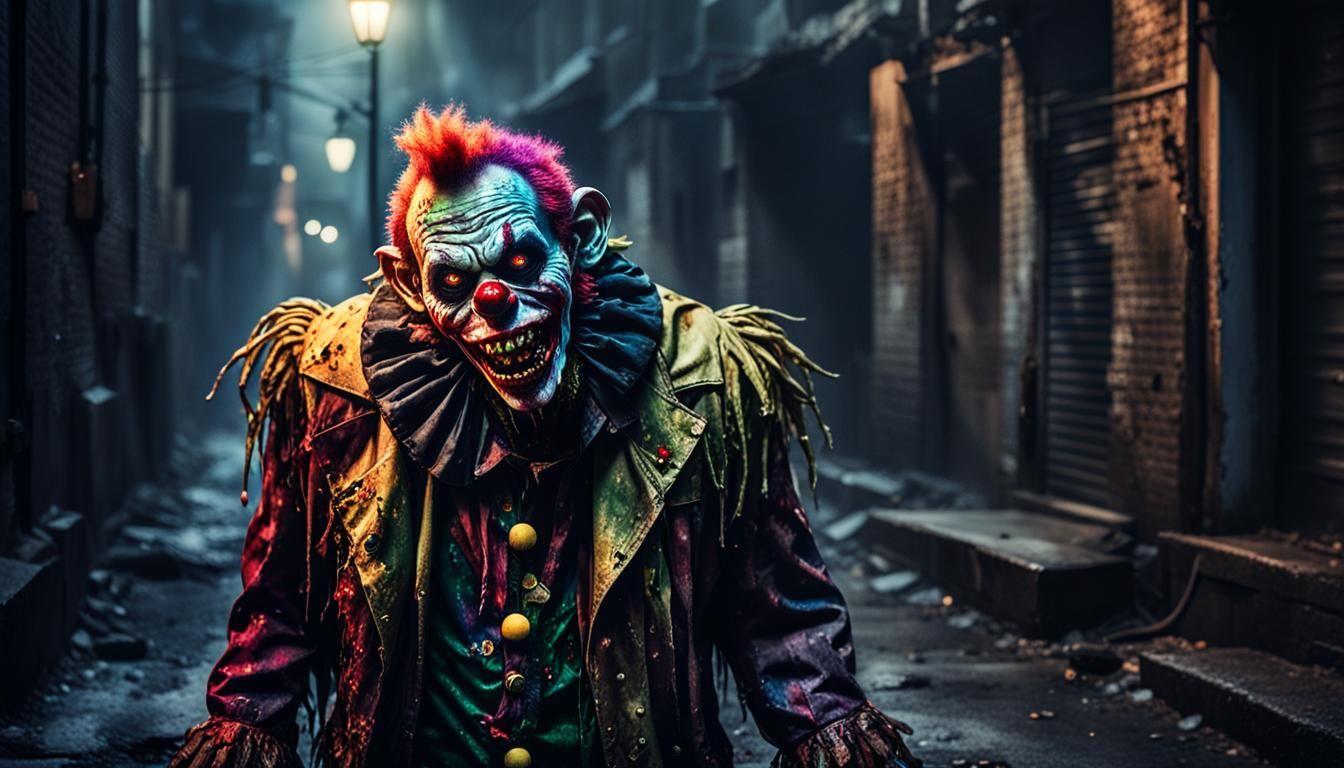 Zombie Monkey Clown in Misty Alleyway: Digital Art