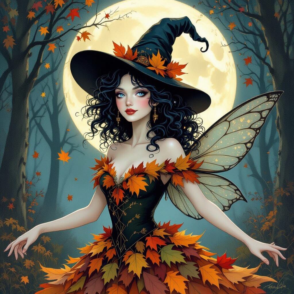 Autumn Fairy Dancing Under the Moon, Art Nouveau