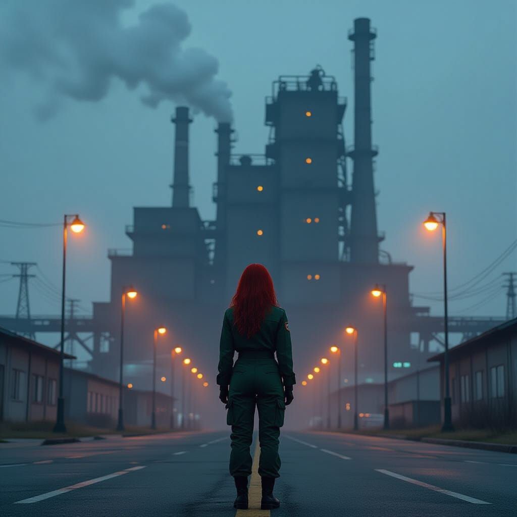 HAL Military Woman Before Smoggy Factory at Dusk