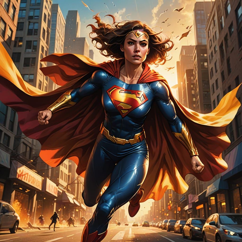 Superhero Woman Flying in Comic Book Style