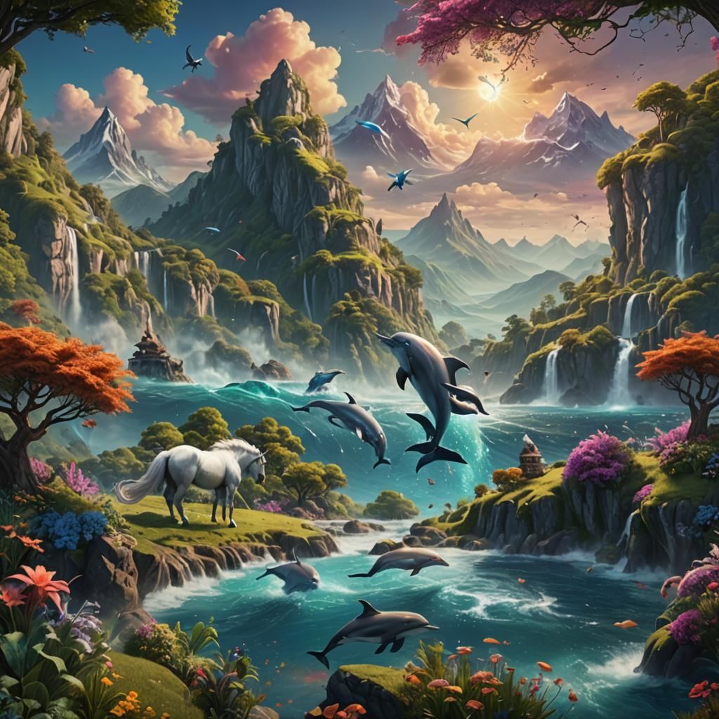 Magical Unicorns and Dolphins in Fantasy Landscape