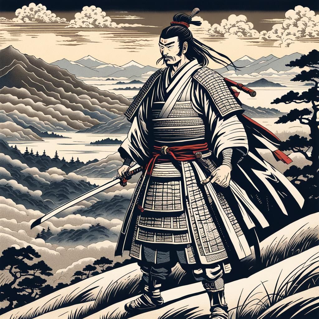 Samurai Warrior Overlooking Battle in Ukiyo-e Style