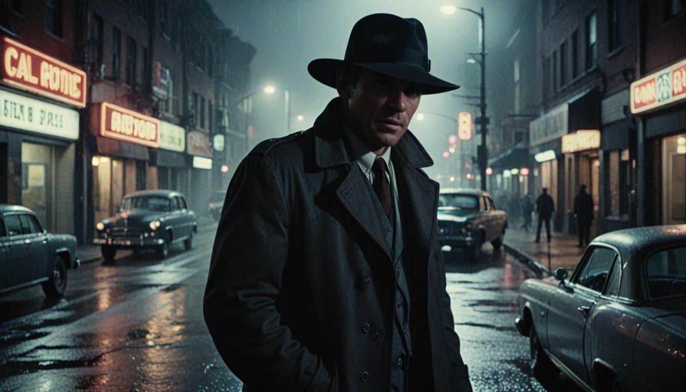 1950s Detective on Rainy Night Street in Film Noir Style