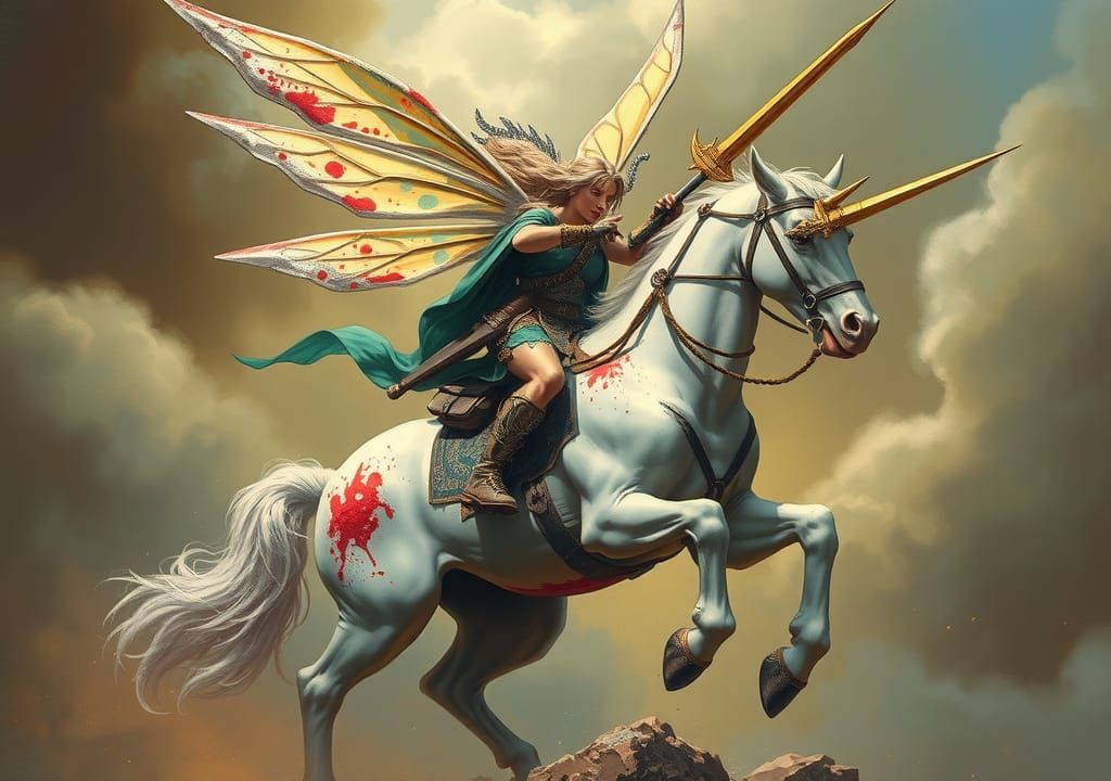 Warrior Fairy on War-Unicorn with Wand-Sword