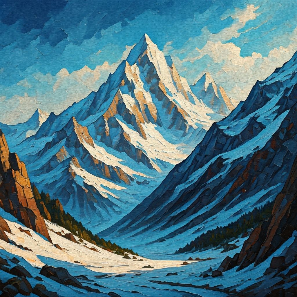Majestic Snow-Covered Mountains in Impasto Oil Painting Styl...