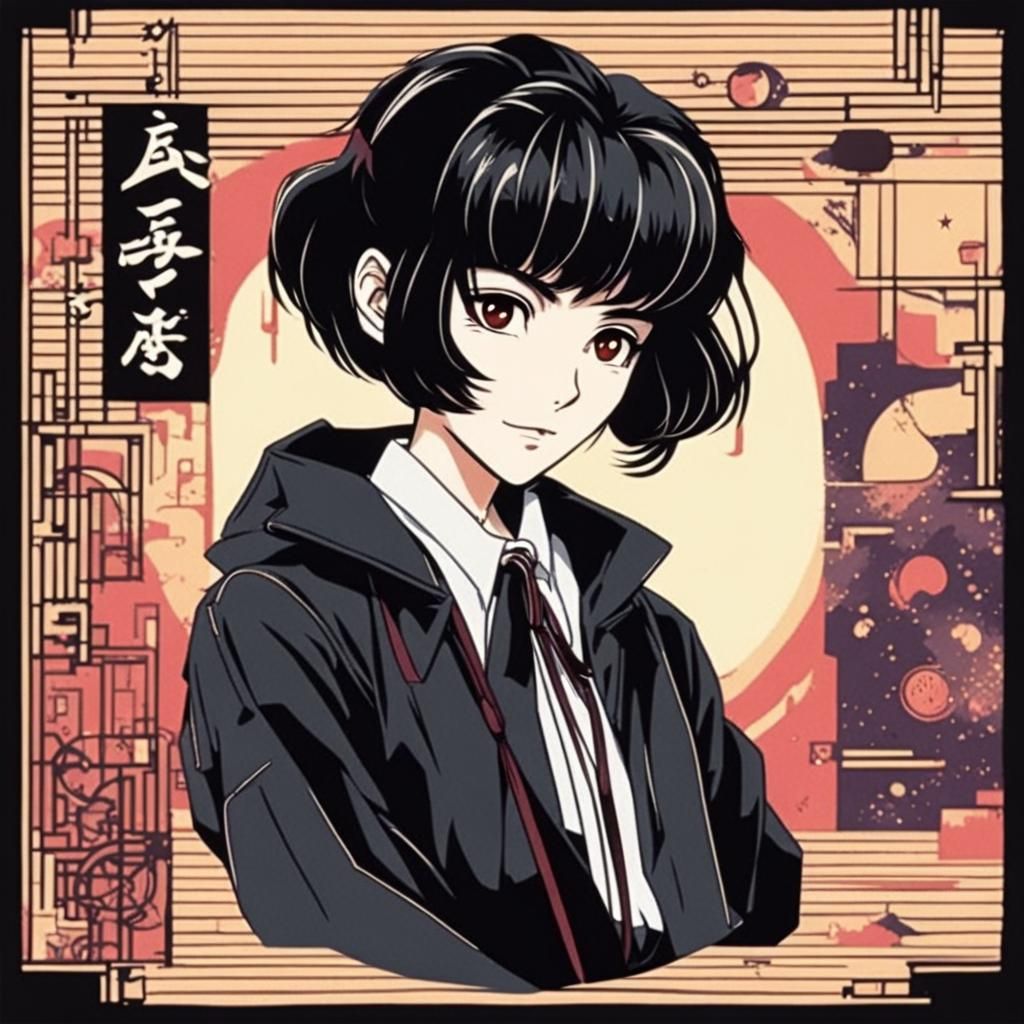 Retro Anime Goth Girl in 80s Style