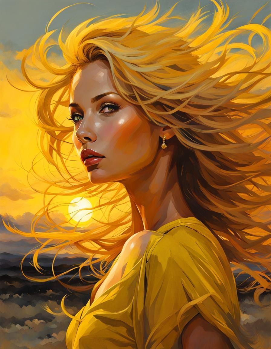 Yellow Portrait of Windblown Woman in Sunset