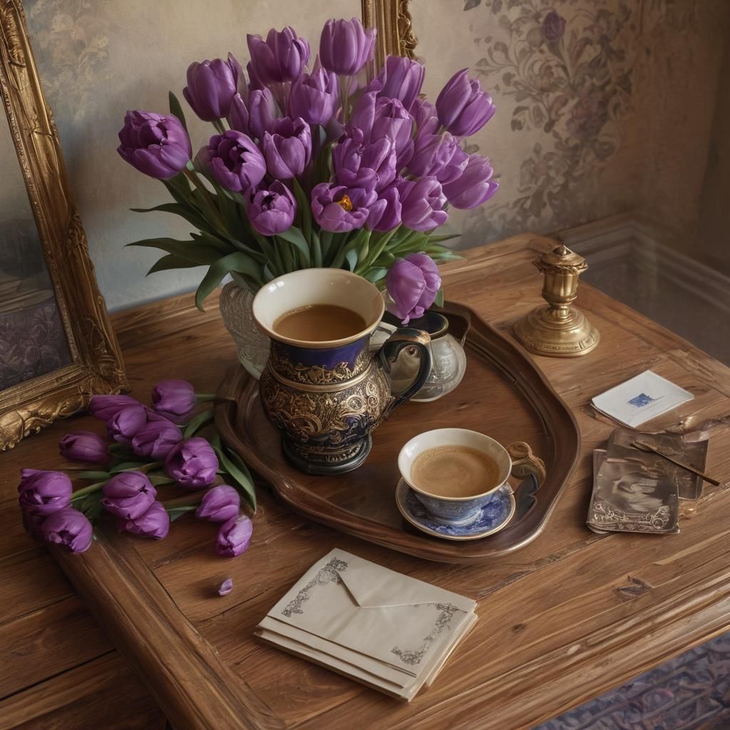 Victorian Coffee Cup with Tulips Matte Painting