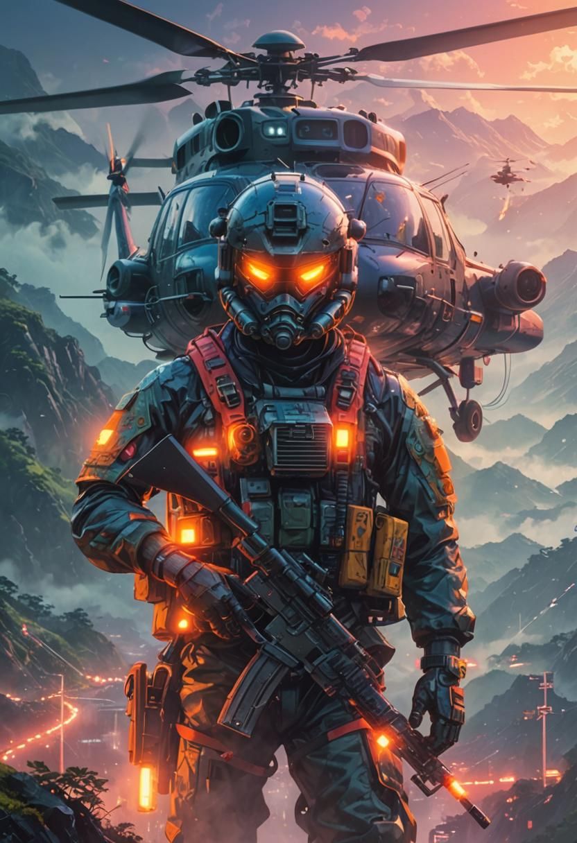 Helicopter Ascending Misty Valley: 3D Anime Art