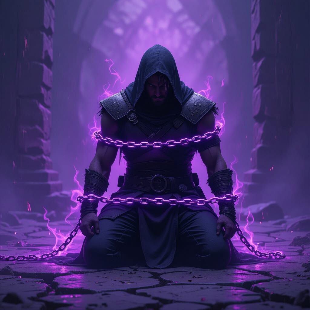 Warrior Bound in Violet Light: A Dark Fantasy Scene