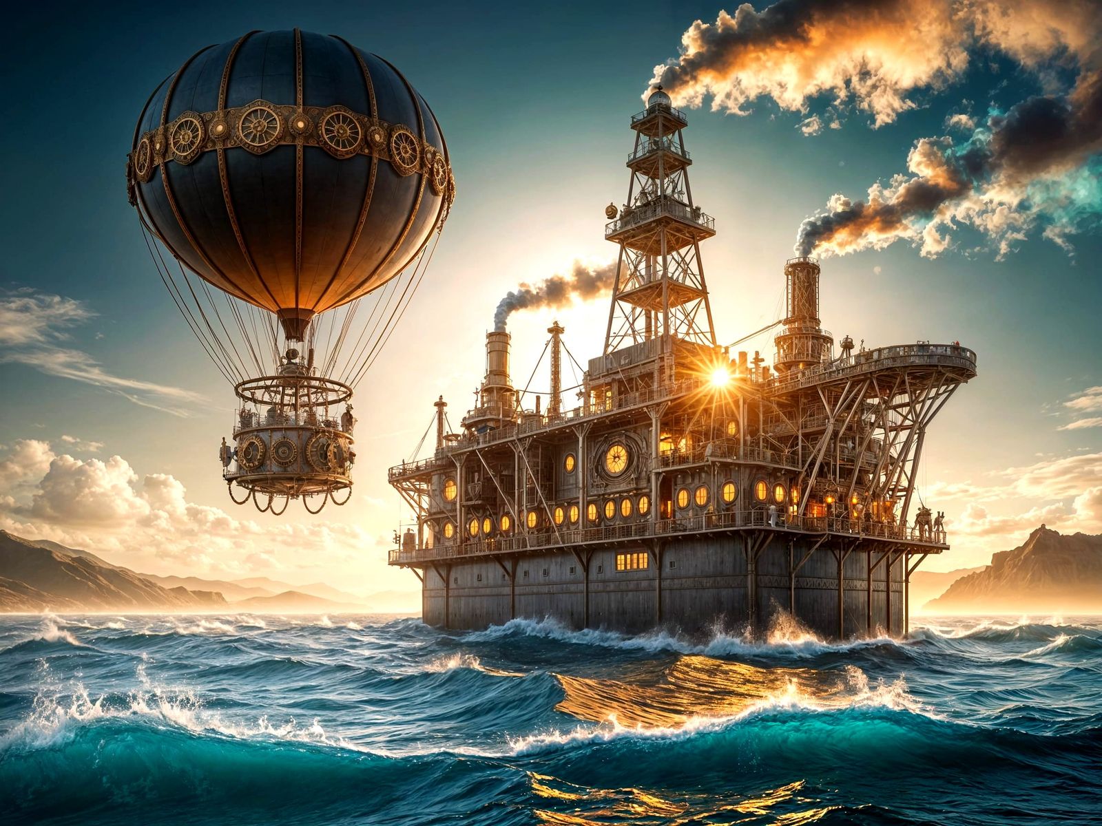 Steampunk Hot Air Balloon Over Ocean Oil Rig