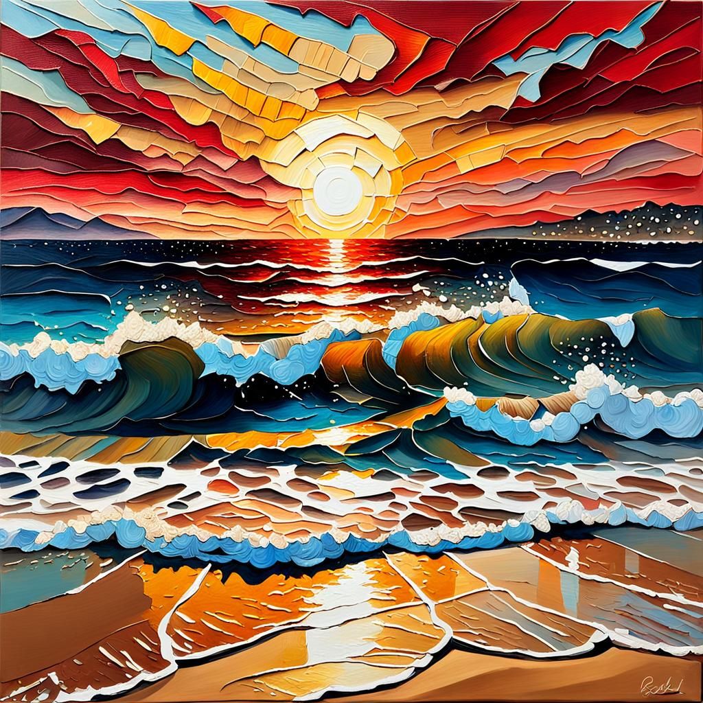 Sunset Beach: Impasto Painting with Collage Elements