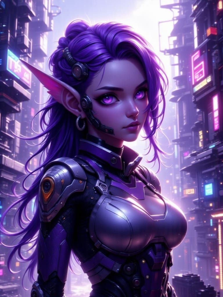 Cyberpunk Elf in Purple Armor