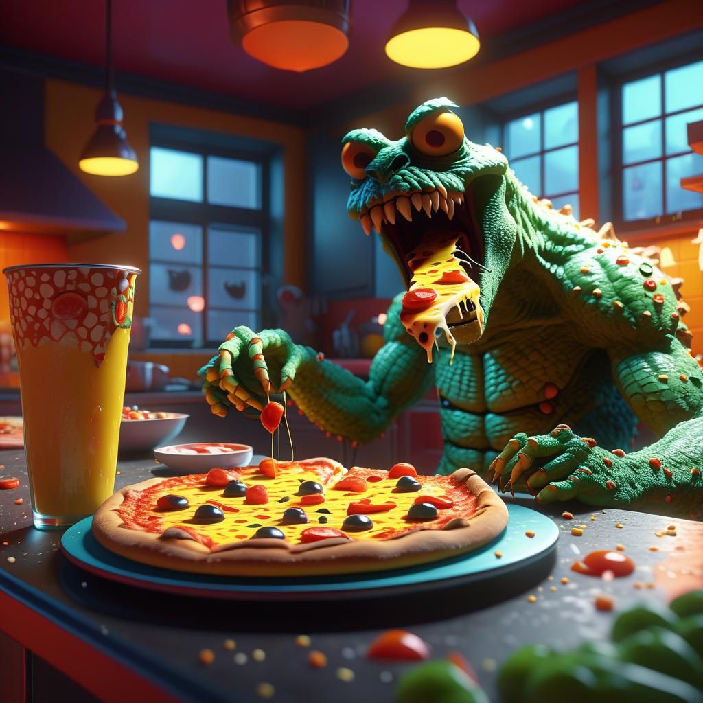 Pizza Monster Munching in Fantasy Kitchen: 3D Digital Art
