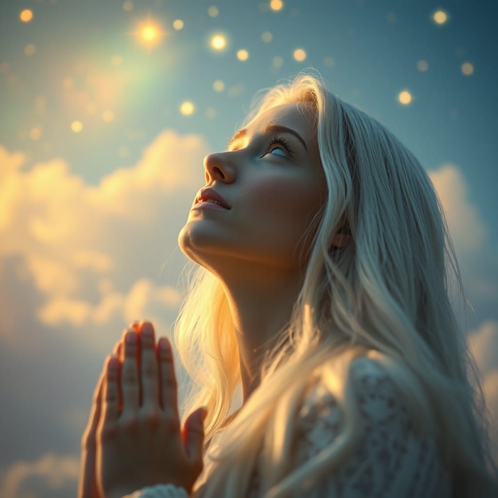 Woman Praying Under Celestial Sky: Ethereal Dreamscape