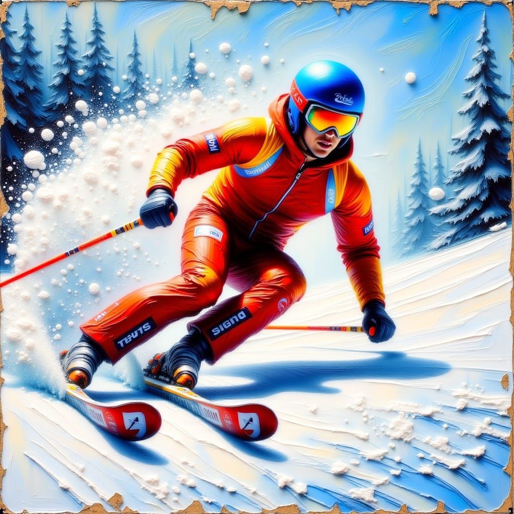 Skier Speeding Downhill in Encaustic Impasto Style