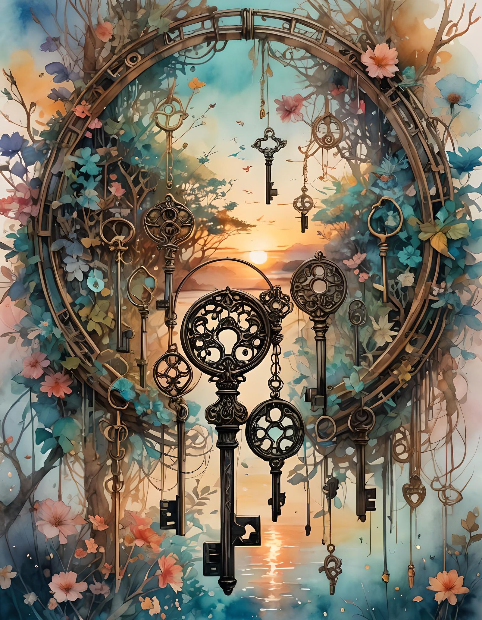 Ancient Keys with Summerscape Sunset in Watercolor Style