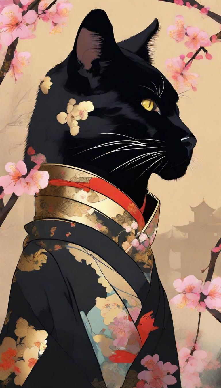 Tabaxi Panther in Kimono with Sakura Background