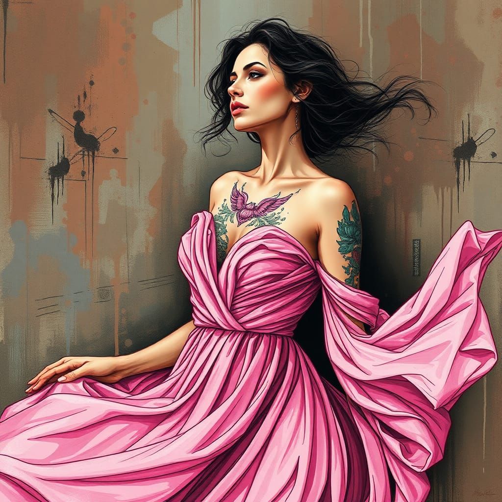 Woman in Pink Dress with Tattoo, Street Art Style