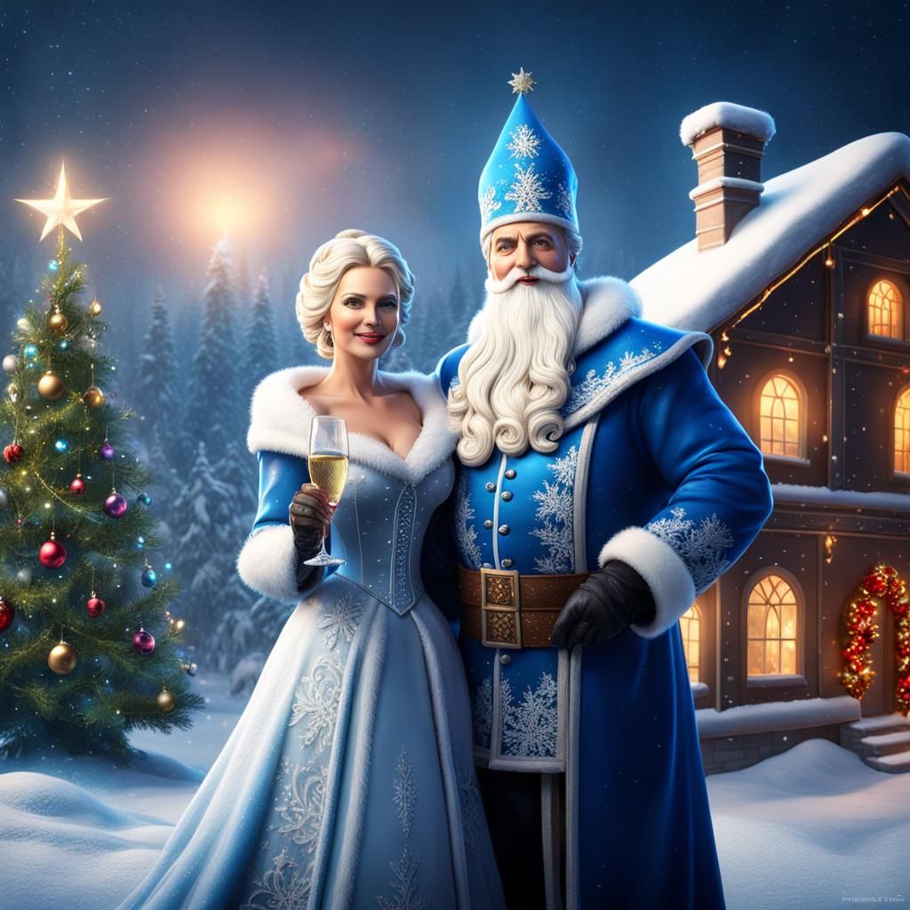 Father Frost and Snow Maiden Toasting Christmas, Detailed Pa...