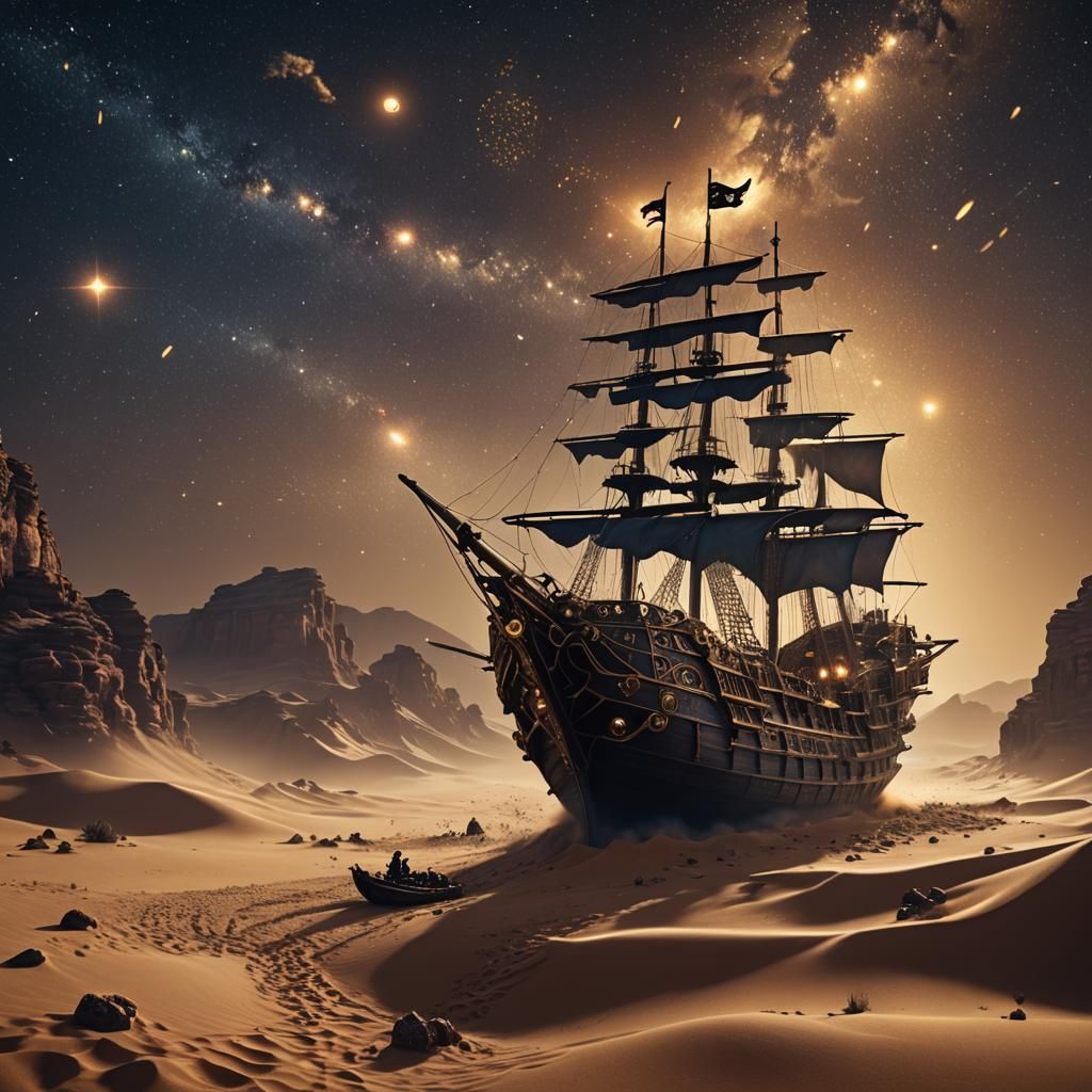 Steampunk Pirates Sail Desert Sands at Night