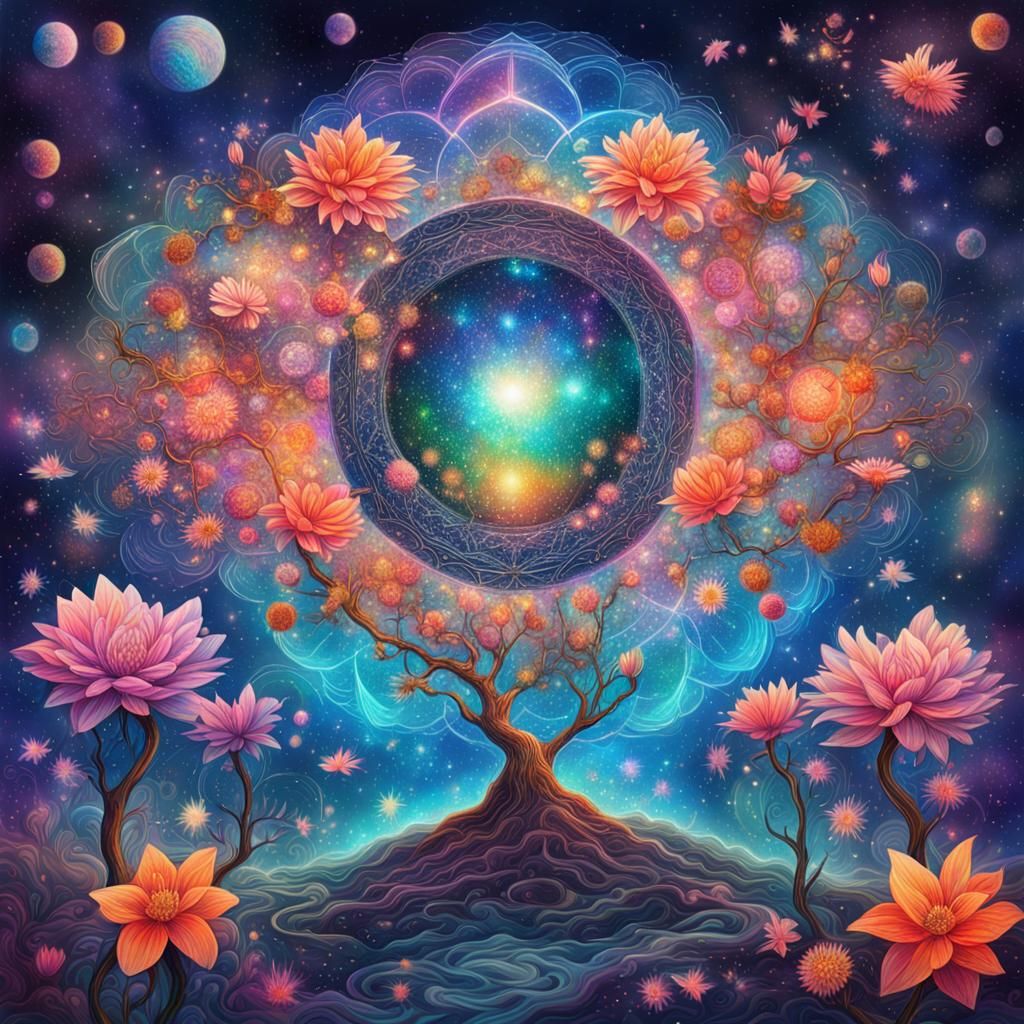 Cosmic Blossoms: Holographic Astral Illustration