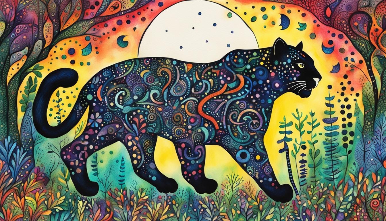 Colorful Zentangle Panther in Moonlit Forest